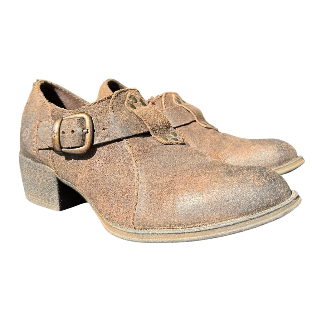 Born Buckle Distressed Ankle Boots Brown Leather Block Heel 6.5‎ Rustic Earthy